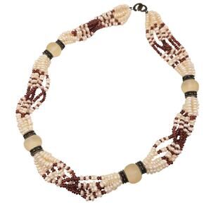 Vintage FR Garnet & Pearl Necklace 1980s Artisan Multi-Strand Boho Tribal Ethnic